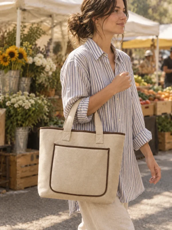 Market Day Tote in oat with espresso piping, carried on the forearm by a woman in a ticking-stripe longline shirt at a street market