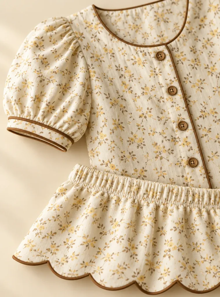 Close-up of the piping on the collar and shorts of the Morning Bun Floral Set