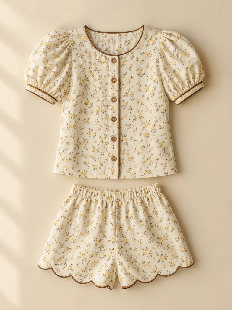 Morning Bun Floral Set: shirt and shorts laid flat