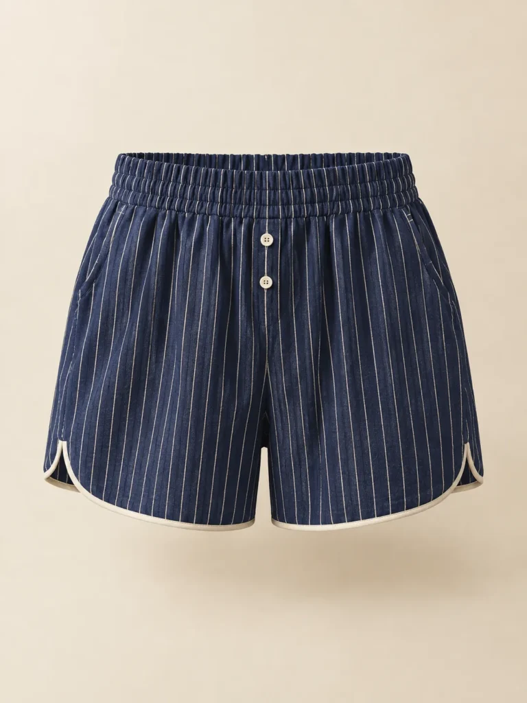 Morning Paper Pinstripe Boxer in navy pinstripe, front view