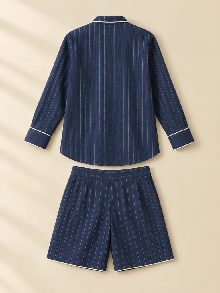 Navy Pinstripe Set: back view of both pieces