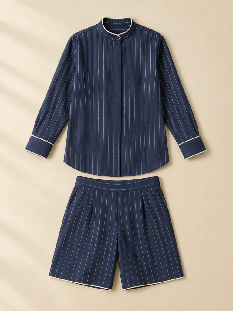 Navy Pinstripe Set: shirt and shorts laid flat