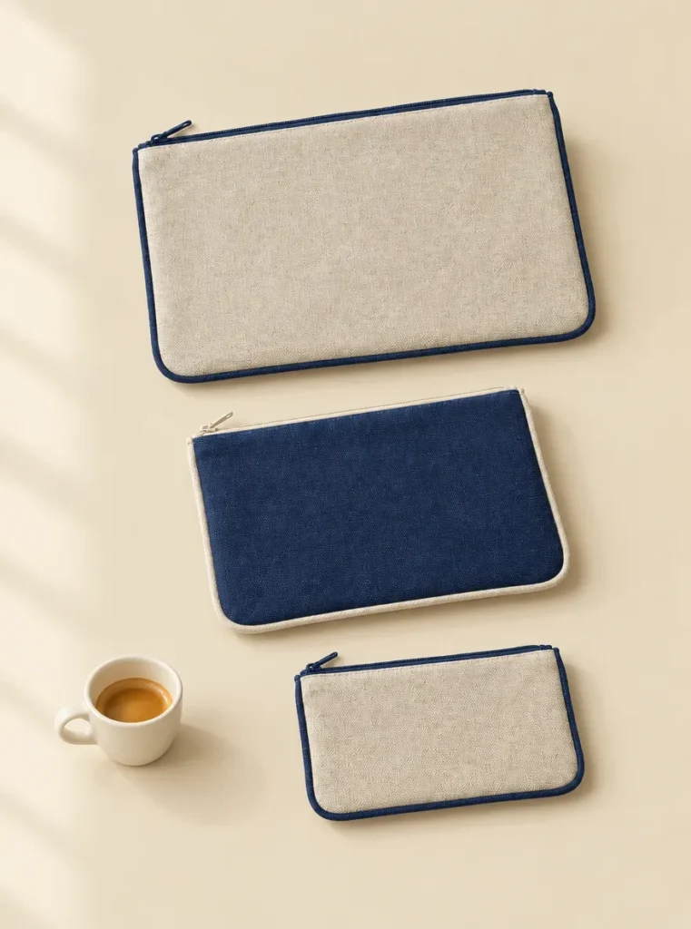 Oat and Navy Pouch Set shown beside an espresso cup for scale