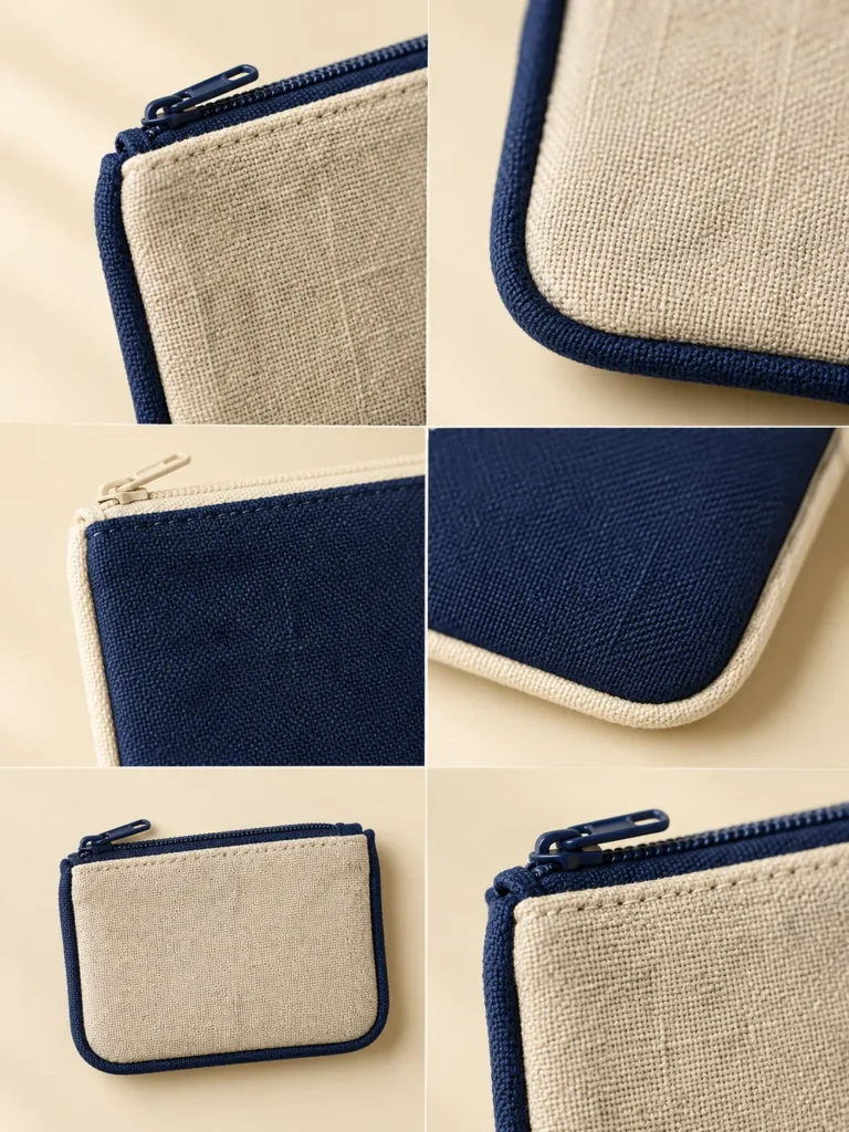 Close-up of the piping and seams on the Oat and Navy Pouch Set