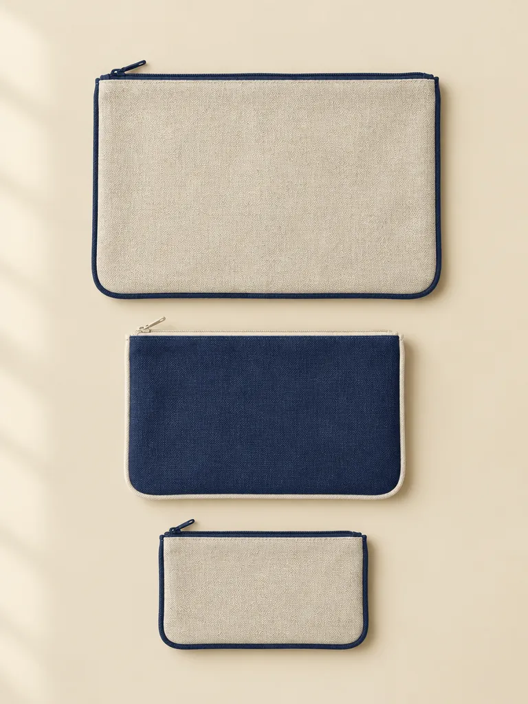 Oat and Navy Pouch Set: all pieces of the set laid flat