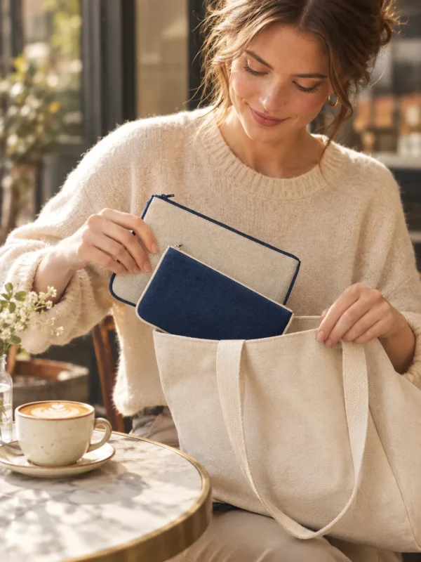 Oat and Navy Pouch Set in oat and navy: a woman sliding the pouches into a tote bag on a cafe table beside a coffee