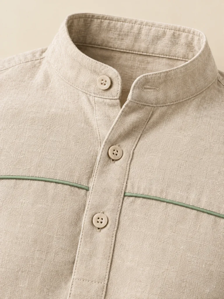 Close-up of the piping and construction on the Oat Pour Popover Shirt