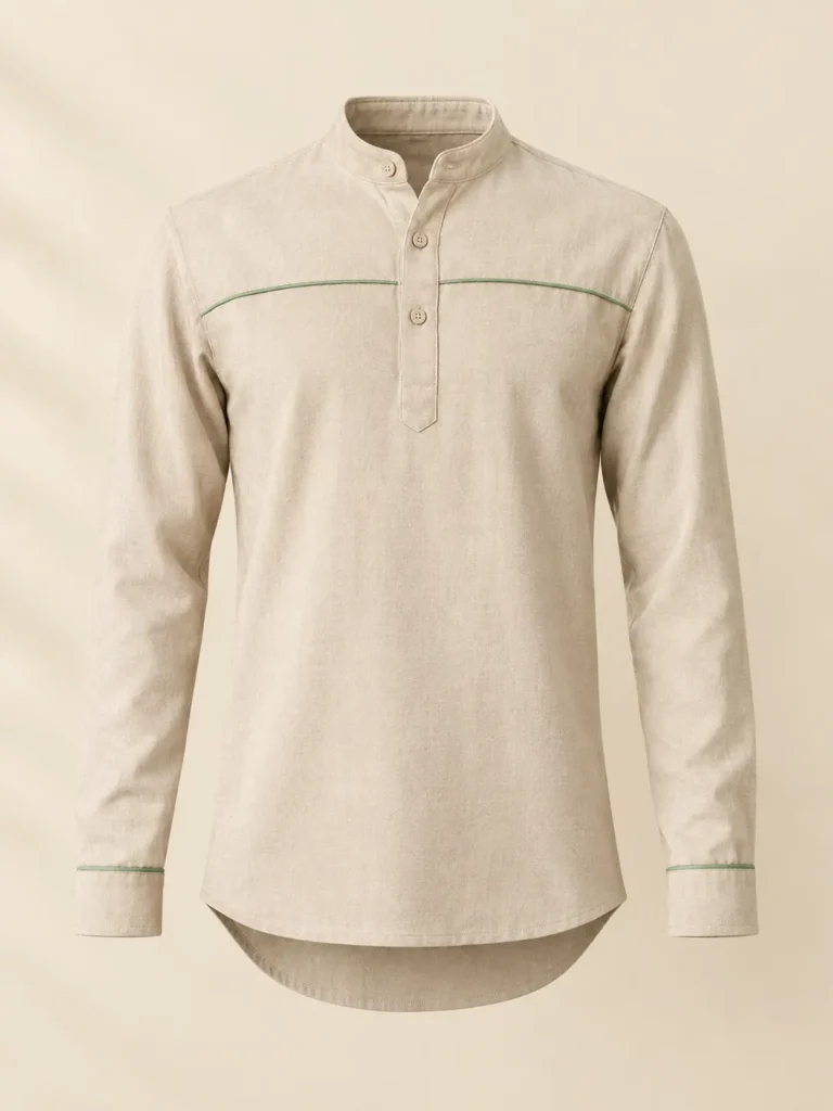 Oat Pour Popover Shirt in oat with pistachio piping, front view