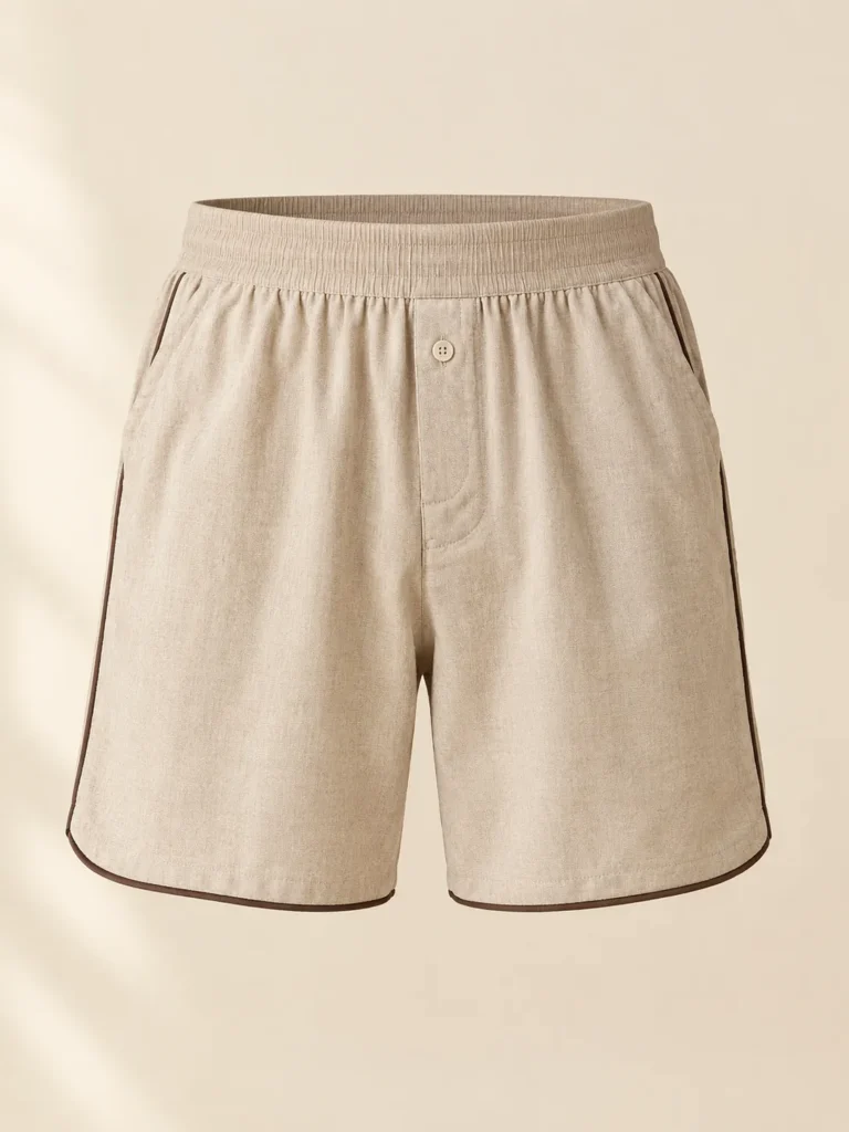 Oat Wide-Band Boxer Short in oat with espresso piping, front view