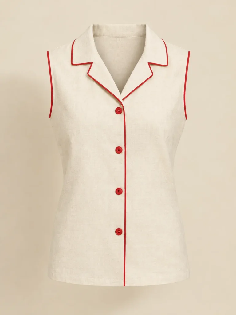 Piccolo Sleeveless Piped Top in cream with tomato piping, front view