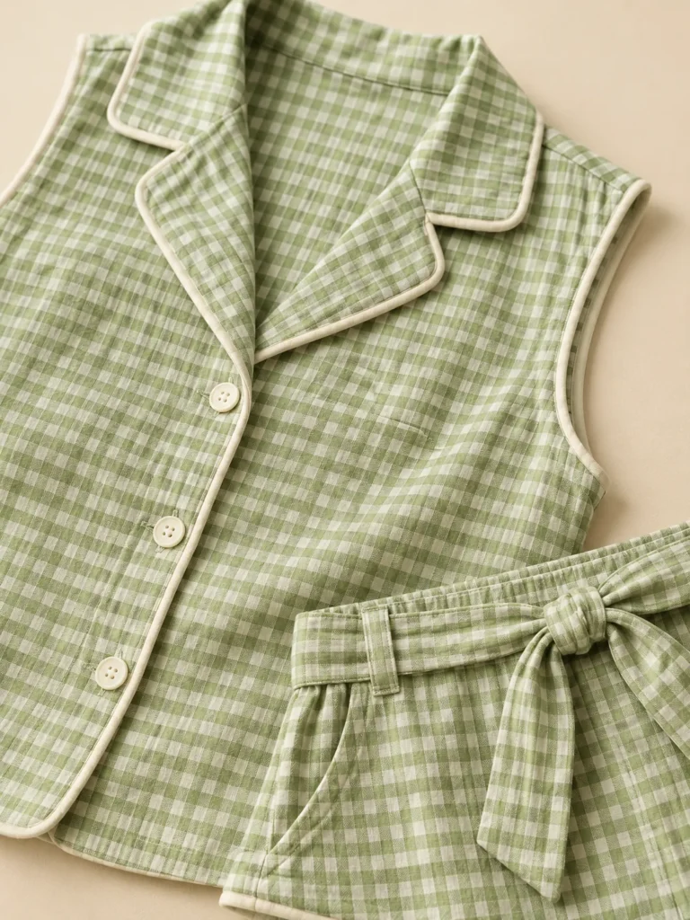Close-up of the piping on the collar and shorts of the Pistachio Check Set