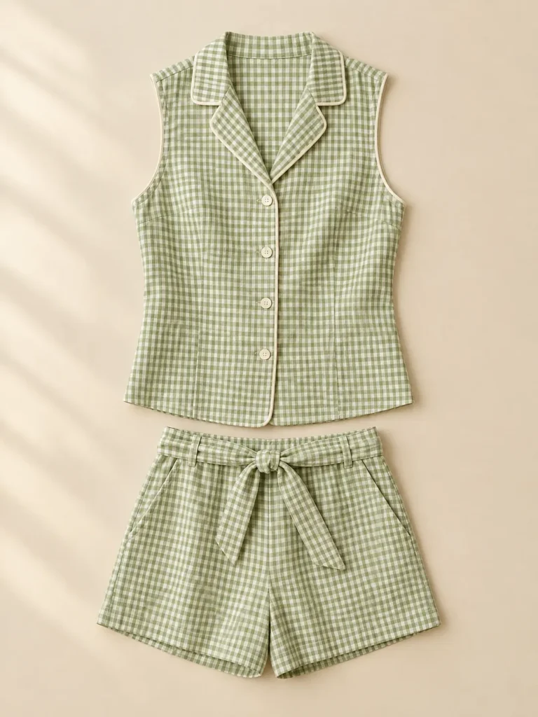 Pistachio Check Set: shirt and shorts laid flat
