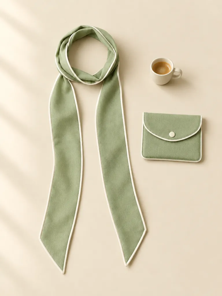 Pistachio Scarf and Pouch shown beside an espresso cup for scale