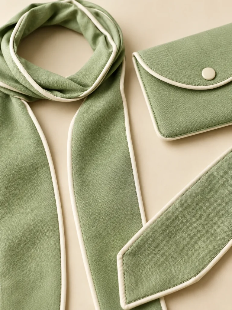 Close-up of the piping and seams on the Pistachio Scarf and Pouch