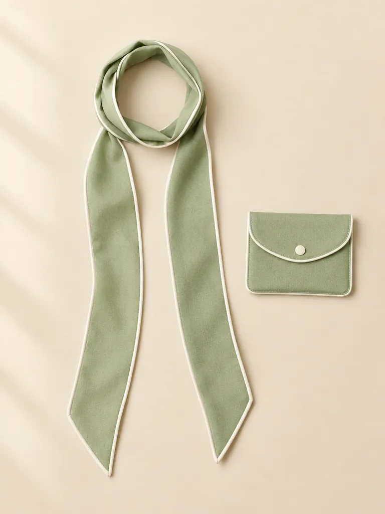 Pistachio Scarf and Pouch: all pieces of the set laid flat