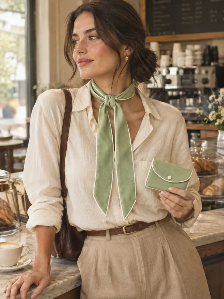 Pistachio Scarf and Pouch in pistachio with milk piping: a woman with the skinny scarf knotted at her neck, holding the card pouch at a cafe till