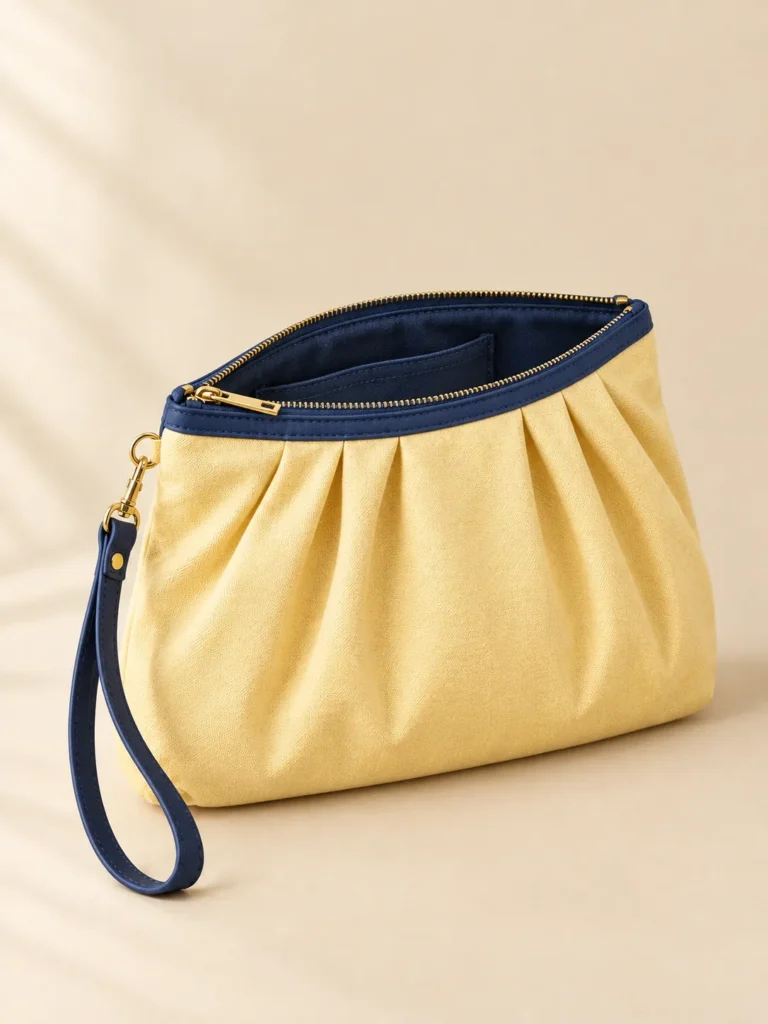 Pleated Pouch Clutch, side view showing the inside
