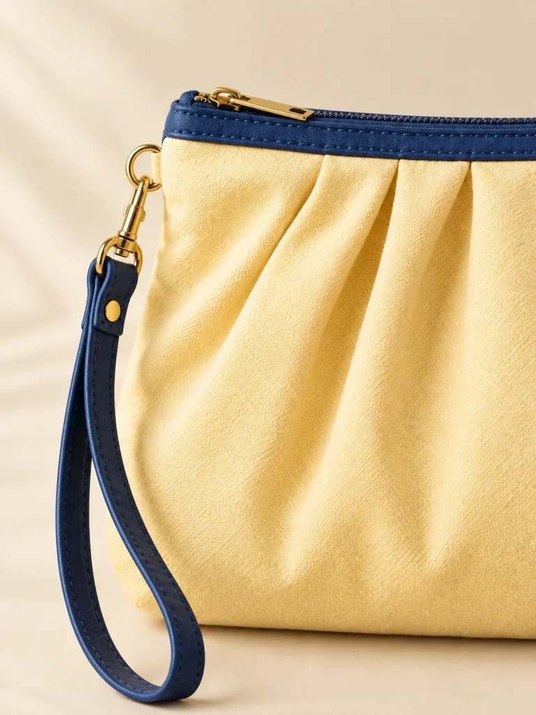 Close-up of the piping, handle and closure on the Pleated Pouch Clutch