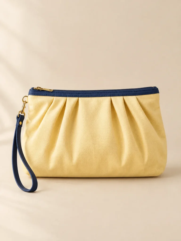 Pleated Pouch Clutch in butter yellow, front view
