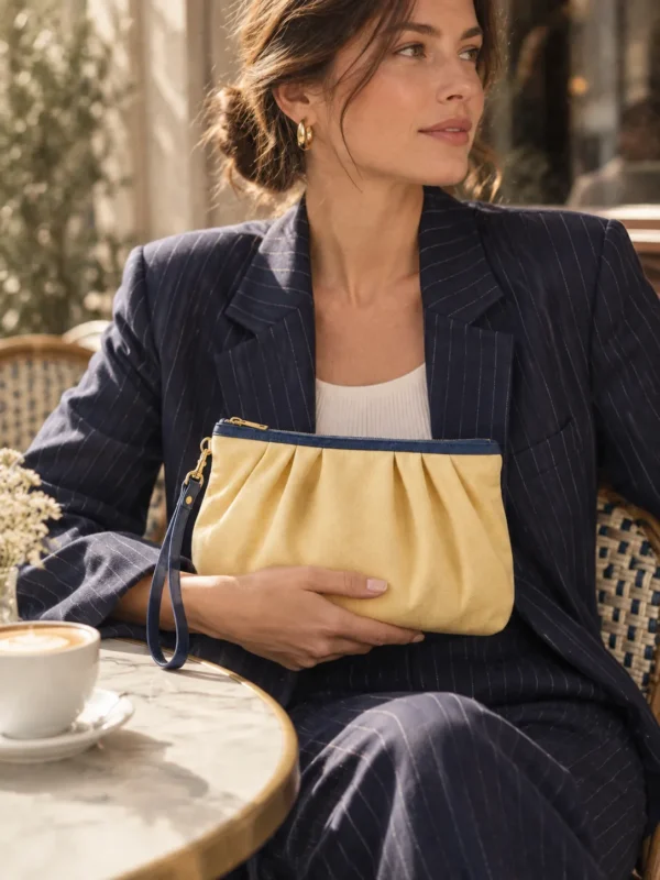 Pleated Pouch Clutch in butter yellow, held in the hand by a woman in a navy pinstripe set at a cafe table