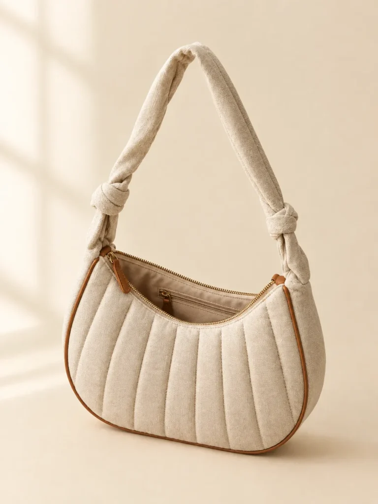 Quilted Croissant Bag, side view showing the inside