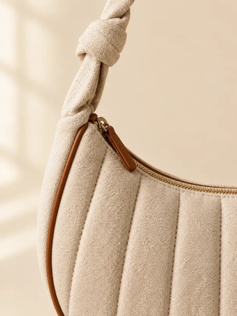 Close-up of the piping, handle and closure on the Quilted Croissant Bag
