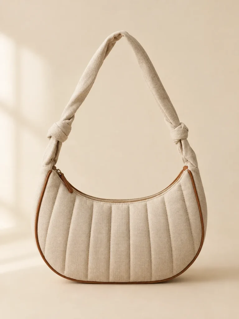 Quilted Croissant Bag in oat quilted with caramel piping, front view