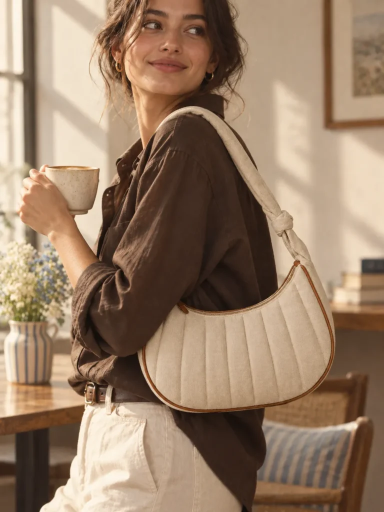 Quilted Croissant Bag in oat quilted with caramel piping, worn on the shoulder of a woman in an espresso shirt, holding a coffee