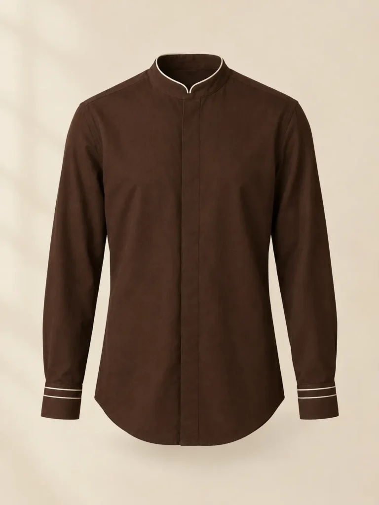 Ristretto Band-Collar Shirt in espresso with cream piping, front view