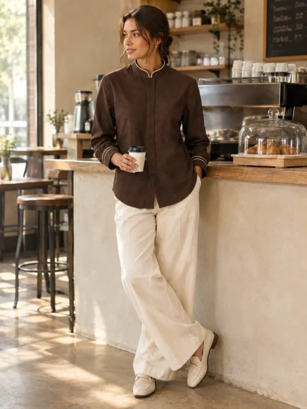 Ristretto Band-Collar Shirt in espresso with cream piping, worn with cream wide-leg trousers and loafers, standing at a cafe counter