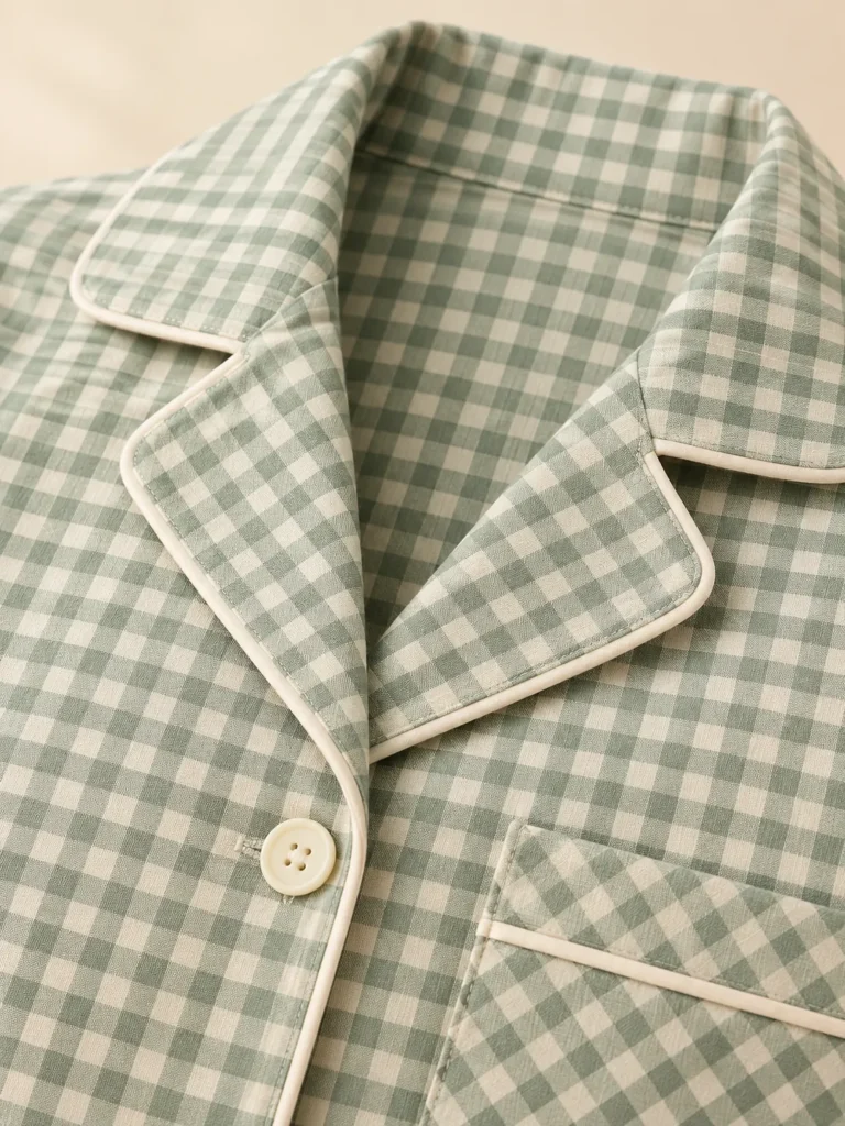 Close-up of the piping and construction on the Sugar Cube Check Shirt