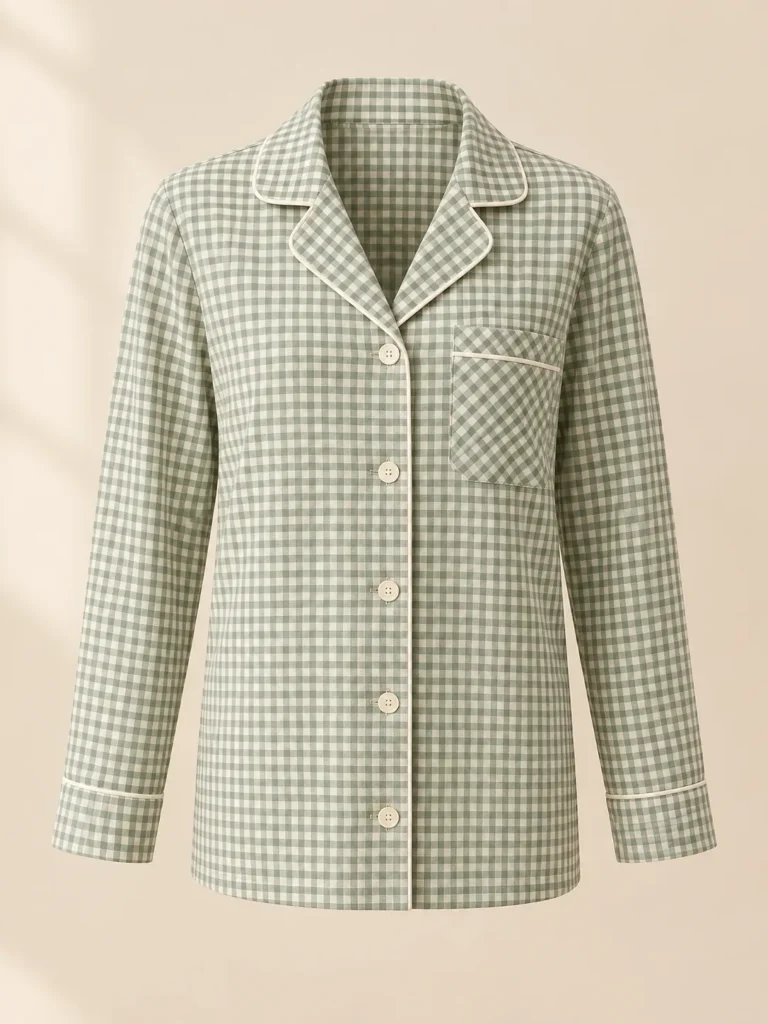 Sugar Cube Check Shirt in sage gingham with cream piping, front view
