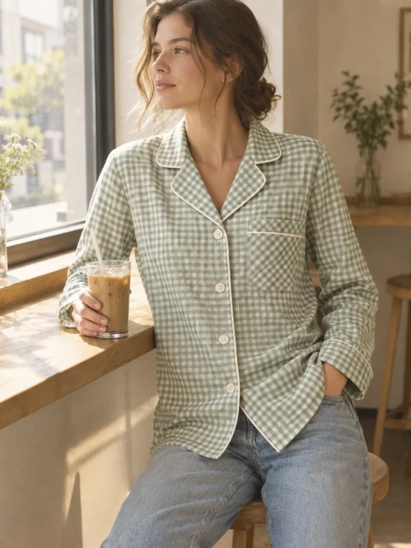 Sugar Cube Check Shirt in sage gingham with cream piping, worn with light denim, holding an iced coffee at a window counter