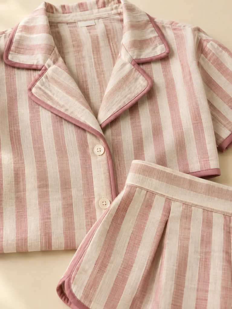Close-up of the piping on the collar and shorts of the Sugar Stripe Set