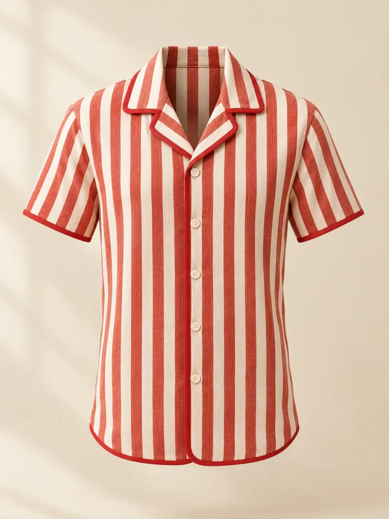 Terrace Stripe Camp Shirt in tomato and cream candy stripe, front view