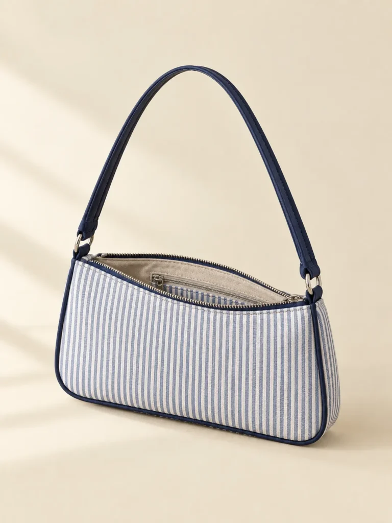 Ticking Stripe Baguette, side view showing the inside