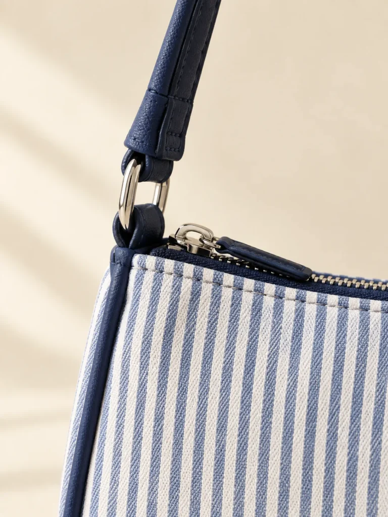 Close-up of the piping, handle and closure on the Ticking Stripe Baguette
