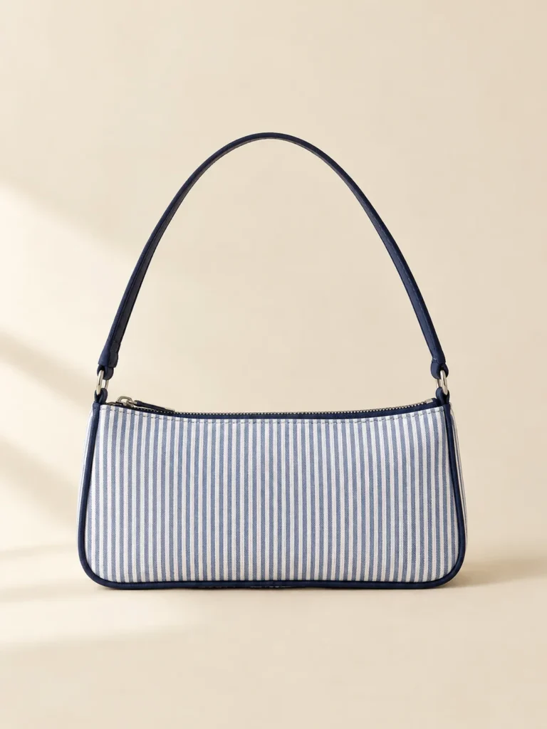 Ticking Stripe Baguette in blue ticking stripe, front view