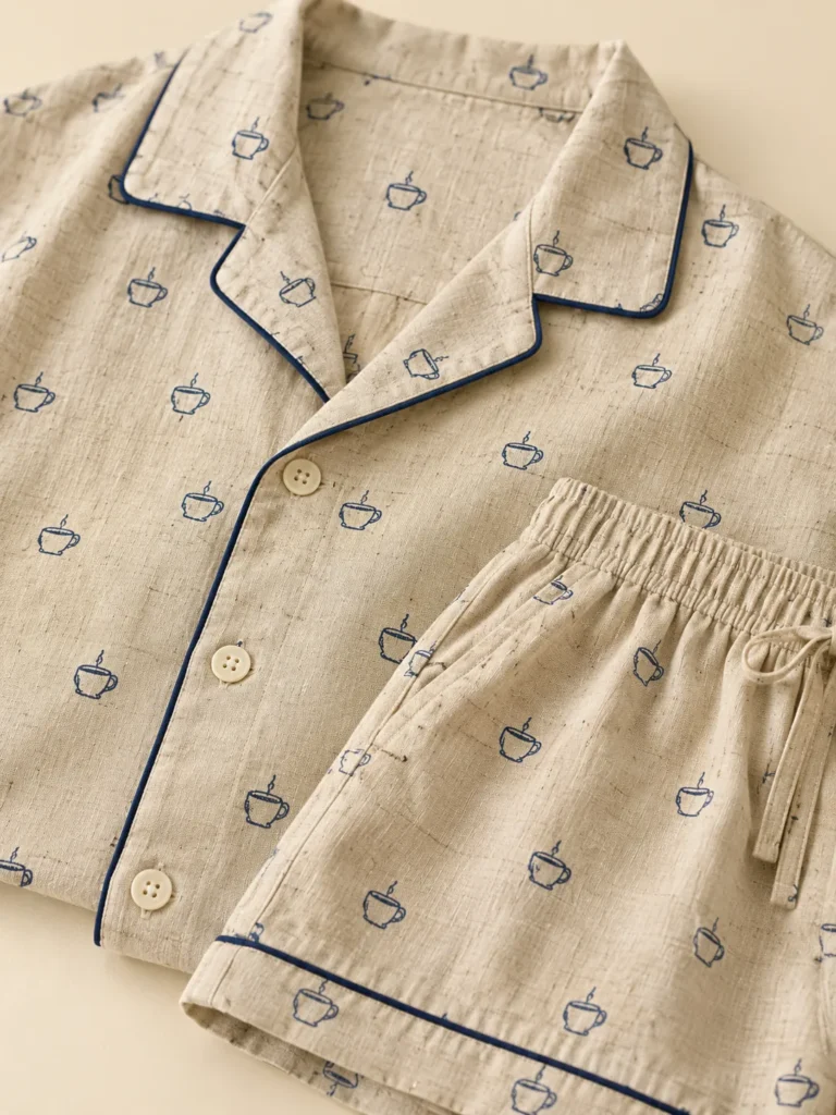 Close-up of the piping on the collar and shorts of the Tiny Cup Print Set