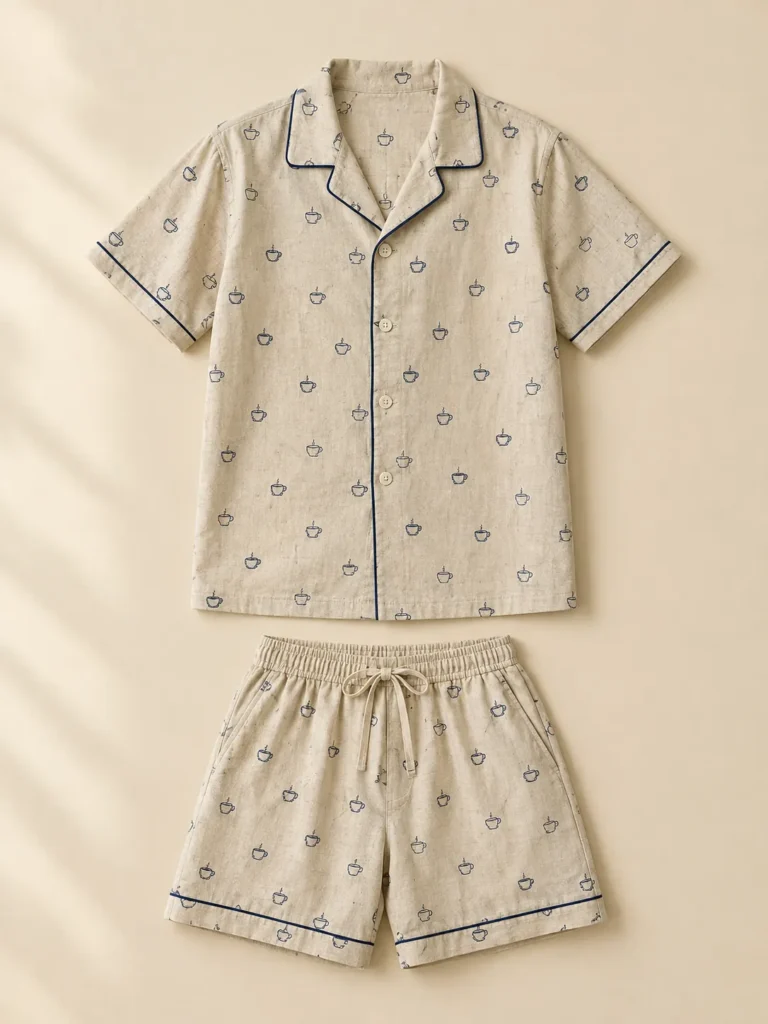 Tiny Cup Print Set: shirt and shorts laid flat