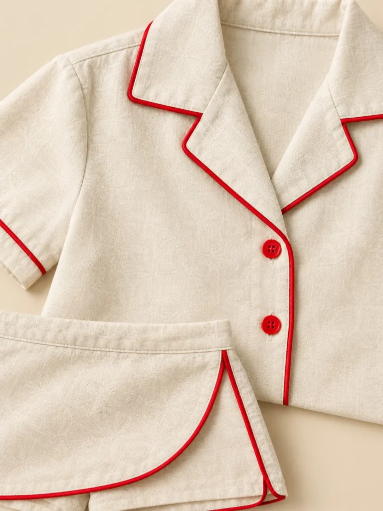 Close-up of the piping on the collar and shorts of the Tomato Piping Set