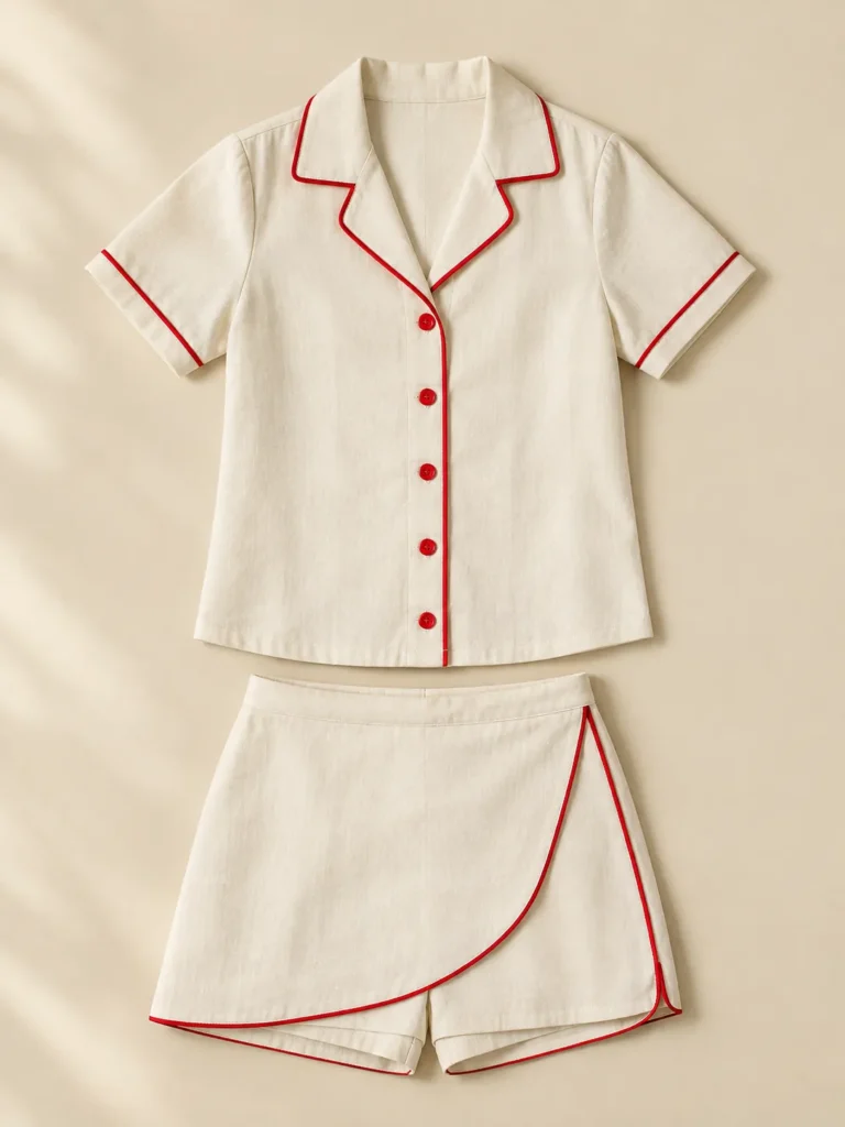 Tomato Piping Set: shirt and shorts laid flat
