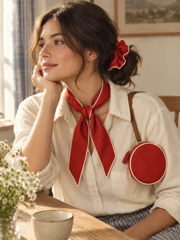Tomato Red Trio in tomato with cream piping: a woman in a cream shirt with the skinny scarf tied at the neck and the scrunchie in her hair